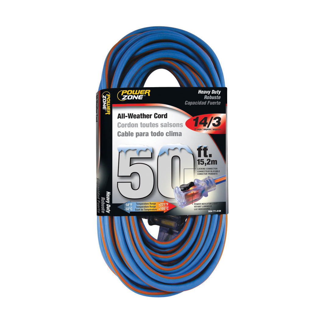 PowerZone ORC530730 Extension Cord, 14 AWG Cable, Grounded Plug, Grounded Receptacle, 25 ft L, 15 A, 125 V