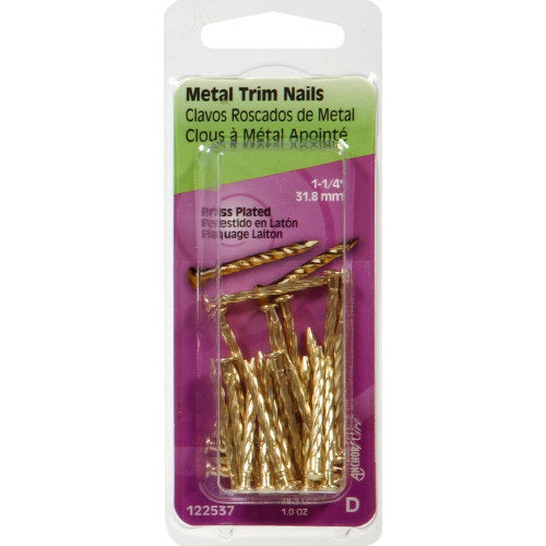 HILLMAN 122537 Trim Nail, 1-1/4 in L, Steel, Brass, Flat Head, Twisted Shank, 1 oz