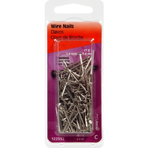 HILLMAN 122532 Wire Nail, 1 in L, Steel, Stainless Steel, Flat Head, Smooth Shank, Silver, 2 oz