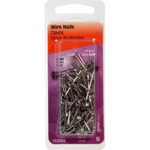 HILLMAN 122553 Wire Nail, 1 in L, Steel, Bright, Flat Head, Smooth Shank, 2 oz