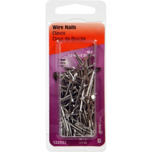 HILLMAN 122552 Wire Nail, 1 in L, Steel, Bright, Flat Head, Smooth Shank, 2 oz