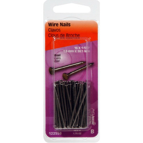 HILLMAN 122558 Wire Nail, 1-1/2 in L, Steel, Bright, Flat Head, Smooth Shank, 2 oz