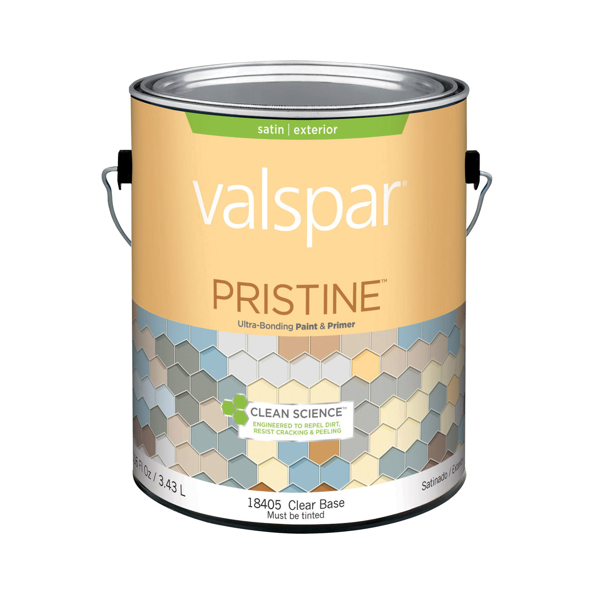 Valspar 027.0018405.007 Latex Paint, Satin, Clear, 1 gal, Resists: Algae, Crack, Dirt, Fade, Mildew, Mold, Peel, Stain