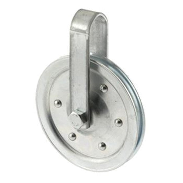 Prime-Line GD 52108 Pulley with Strap and Axle Bolt, 4 in Dia, 3/16 in Dia Bore, Galvanized Steel