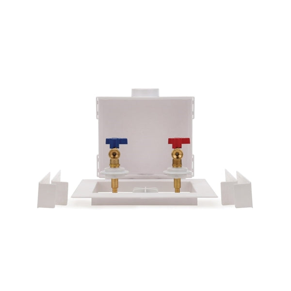 Oatey Quadtro 38528 Washing Machine Outlet Box, 1/2 in Connection, Brass/Polystyrene, White