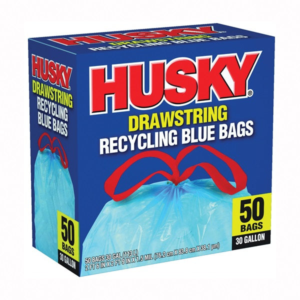 Husky HK30DS050BU Trash Bag with Drawstring, 30 gal Capacity, Blue