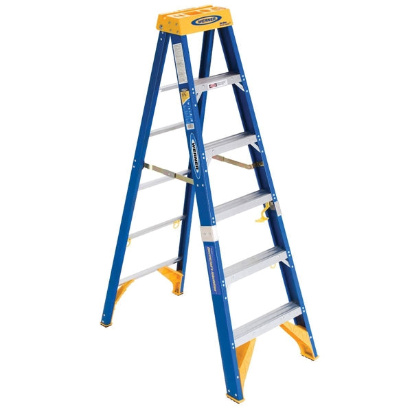 WERNER Old Blue OBEL06 Step Ladder, 6 ft H, Type IAA Duty Rating, Fiberglass, 375 lb