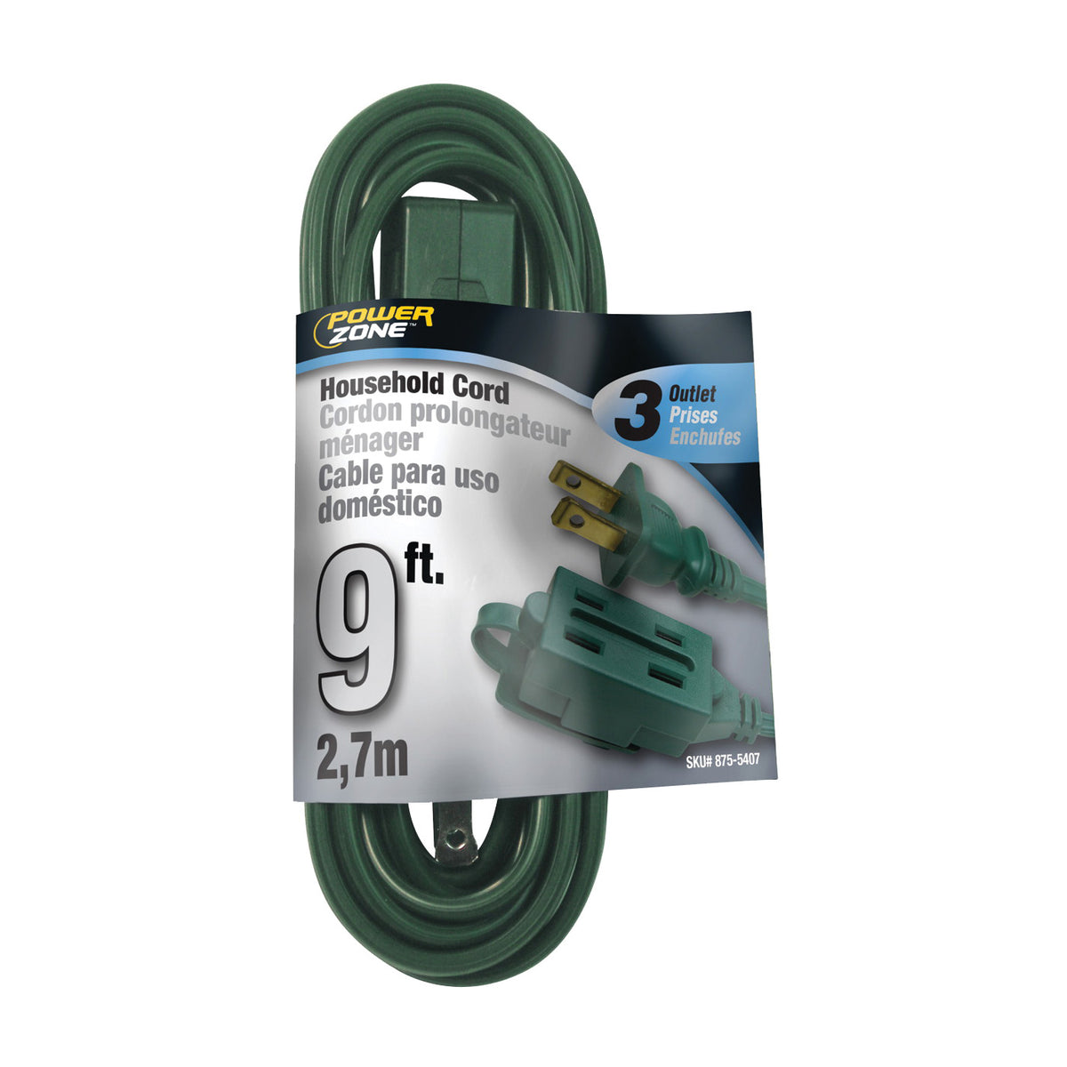 PowerZone OR780609 Extension Cord, 16 AWG Cable, 9 ft L, 13 A, 125 V, Green