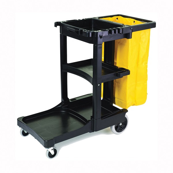 Rubbermaid FG617388BLA Janitor Cleaning Cart, 32 gal, 46 in OAL, 21.8 in OAW, 38.4 in OAH, Plastic, Black