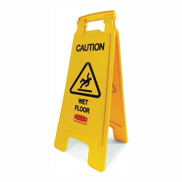 Rubbermaid FG611277 YEL Floor Sign, 11 in W, Yellow Background, Caution Wet Floor, English, French, Spanish
