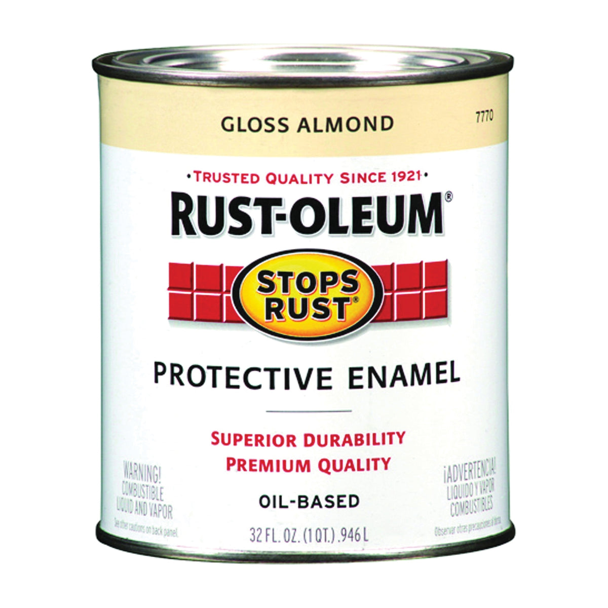 Stops Rust 7770502 Enamel Paint, Gloss, Almond, 1 qt, Can, Oil Base, Application: Brush, Roller, Spray