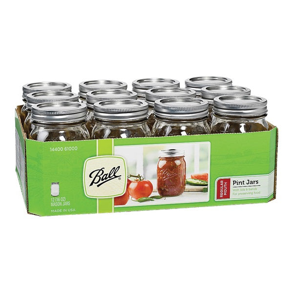 Ball 1440061000 Mason Jar, Pint Capacity, Regular Mouth, Glass 12PK