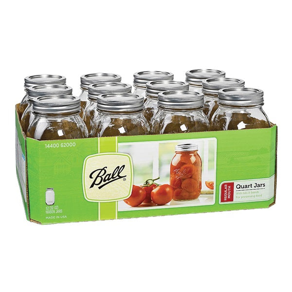 Ball 1440062000 Mason Jar, Quart size, Regular mouth, Glass 12PK