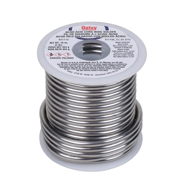 Oatey 21115 Acid Core Wire Solder, 1 lb, Solid, Silver, 360 to 460 deg F Melting Point
