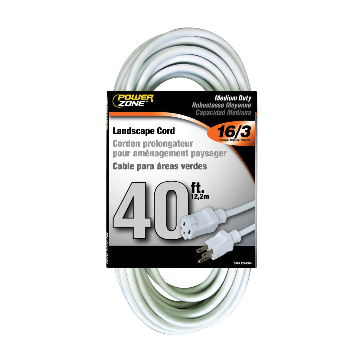 PowerZone OR883628 Extension Cord, 16 AWG Cable, 40 ft L, 13 A, 125 V, White