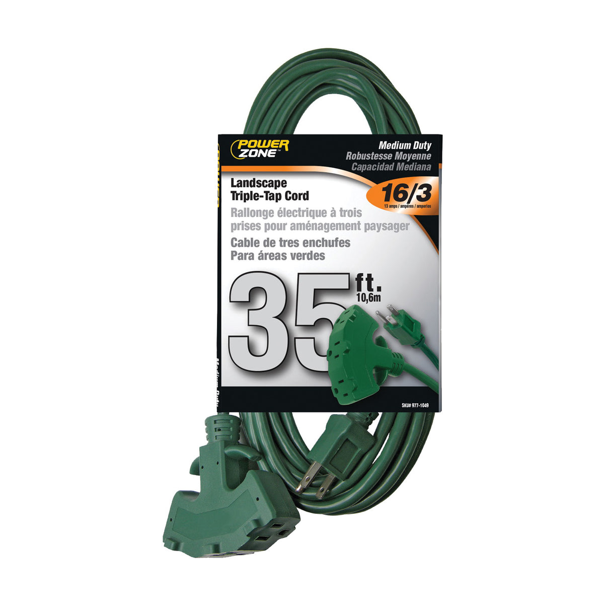 PowerZone OR605627 Extension Cord, 16 AWG Cable, 35 ft L, 13 A, 125 V, Green