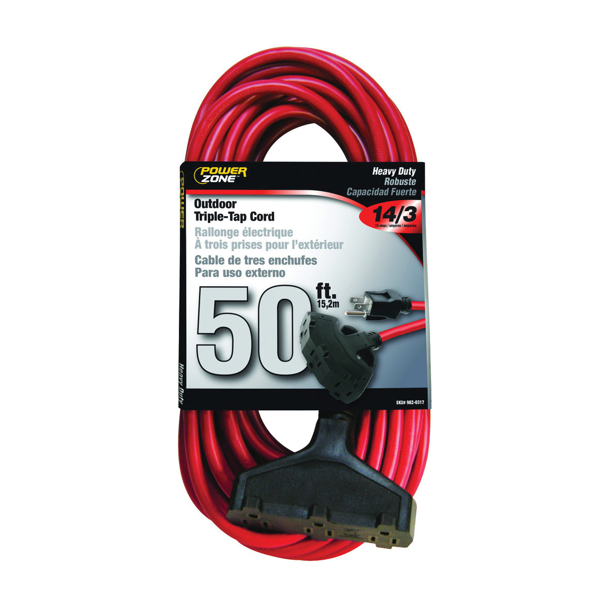 PowerZone OR614730/606730 Extension Cord, 14 AWG Cable, 50 ft L, 15 A, 125 V, Red