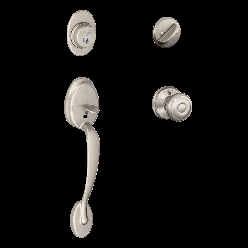 Schlage F60PLYGEO619 Handleset, 1 Grade, Keyed Different Key, Brass, Satin Nickel, 2-3/8 x 2-3/4 in Backset, C Keyway