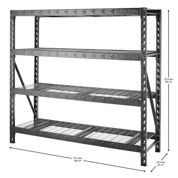 GLADIATOR GARS774XEG Rack Shelf, 8000 lb Capacity, 4-Shelf, 77 in OAW, 24 in OAD, 72 in OAH, Hammered Granite