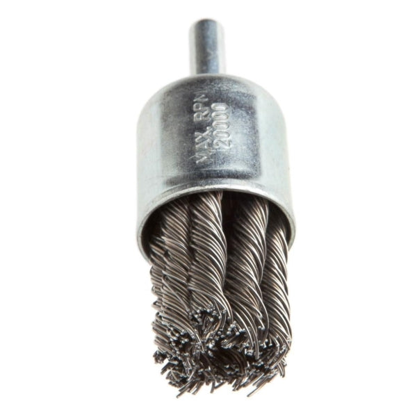 Forney 72266 Wire End Brush, 1 in Dia, 1/4 in Arbor/Shank, 0.02 in Dia Bristle, Steel Bristle