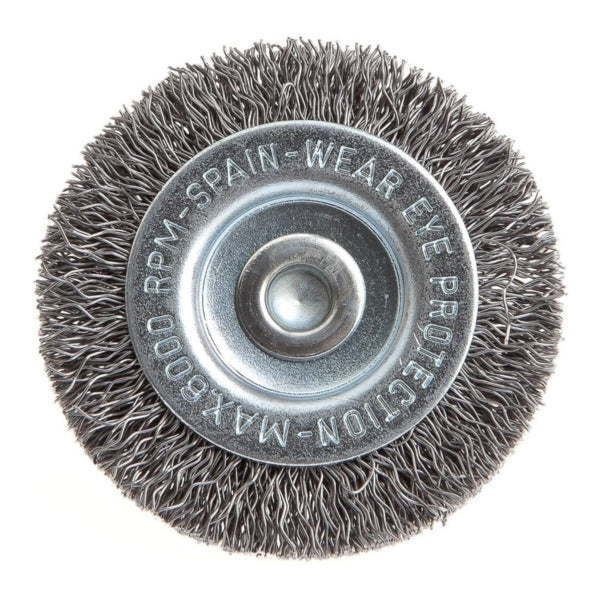Forney 72252 Wire Wheel, 2 in Dia, 1/4 in Arbor/Shank, 0.012 in Dia Bristle, Steel Bristle