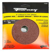 Load image into Gallery viewer, Forney 71661 Sanding Disc, 5 in Dia, 7/8 in Arbor, 36 Grit, Aluminum Oxide Abrasive, Fiber Backing
