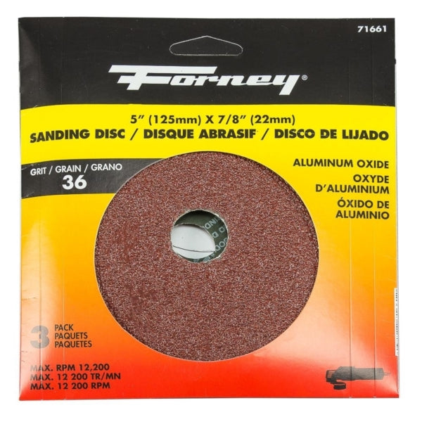 Forney 71661 Sanding Disc, 5 in Dia, 7/8 in Arbor, 36 Grit, Aluminum Oxide Abrasive, Fiber Backing