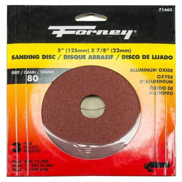 Forney 71663 Sanding Disc, 5 in Dia, 7/8 in Arbor, 80 Grit, Aluminum Oxide Abrasive, Fiber Backing