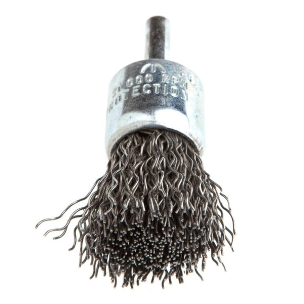 Forney 72265 Wire End Brush, 3/4 in Dia, 1/4 in Arbor/Shank, 0.02 in Dia Bristle, Steel Bristle