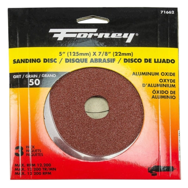 Forney 71662 Sanding Disc, 5 in Dia, 7/8 in Arbor, 50 Grit, Aluminum Oxide Abrasive, Fiber Backing