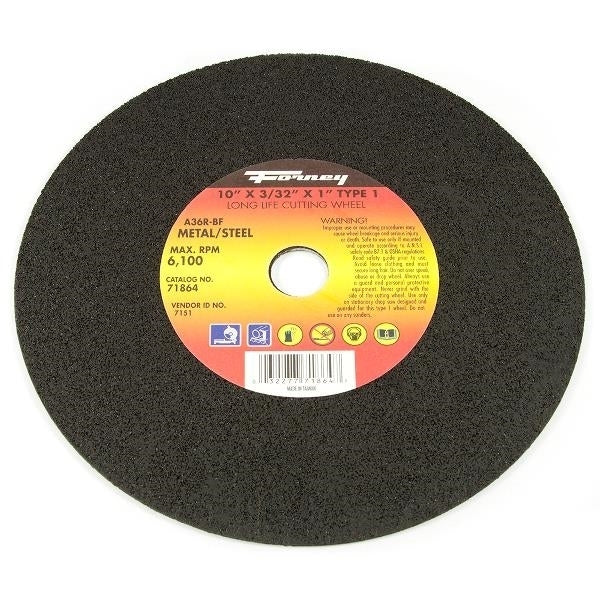 Forney Stud Master 71864 Cutting Wheel, 10 in Dia, 3/32 in Thick, 1 in Arbor, 36 Grit, Coarse