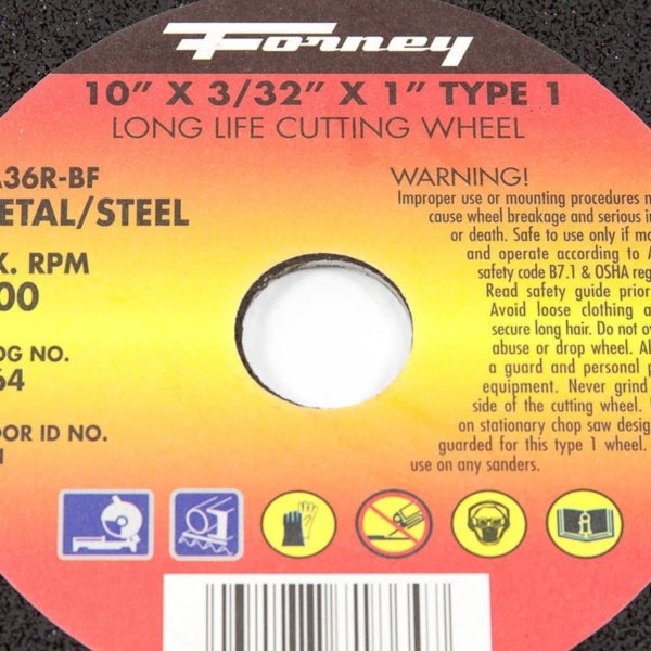 Forney Stud Master 71864 Cutting Wheel, 10 in Dia, 3/32 in Thick, 1 in Arbor, 36 Grit, Coarse