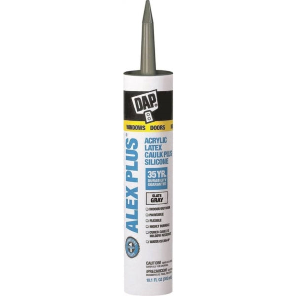 DAP ALEX PLUS 18118 Acrylic Latex Caulk, Slate Gray, 1 day Curing, 40 to 100 deg F, 10.1 oz Cartridge