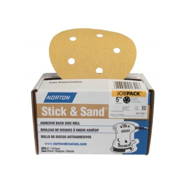 NORTON Stick &amp; Sand 07660701642 Sanding Disc, 5 in Dia, Coated, 80 Grit, Coarse, Aluminum Oxide Abrasive