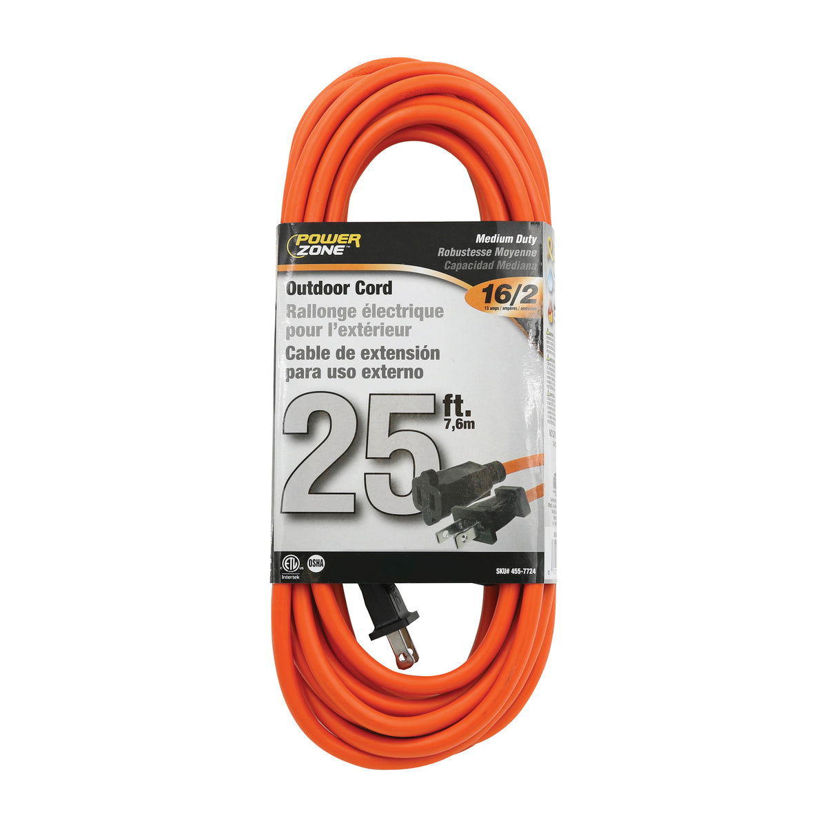 PowerZone OR481625 Outdoor Extension Cord, 16 AWG Wire, 25 ft L, Orange Sheath