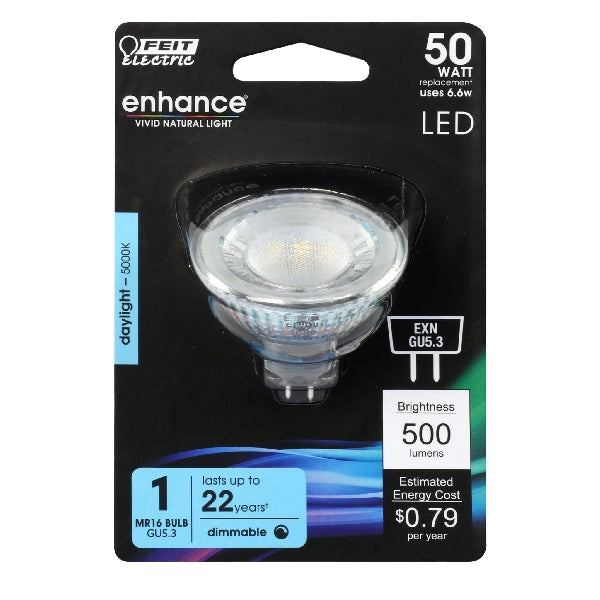 Feit Electric BPEXN/950CA LED Bulb, Track/Recessed, MR16 Lamp, 50 W Equivalent, GU5.3 Lamp Base, Dimmable, Clear