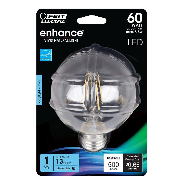 Feit Electric BPG2560/950CA/FIL LED Bulb, Globe, G25 Lamp, 60 W Equivalent, E26 Lamp Base, Dimmable, Clear