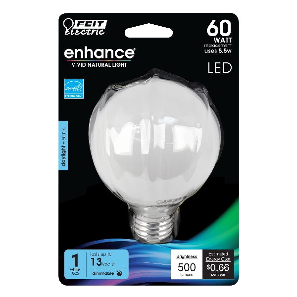 Feit Electric BPG2560W/950CA/FIL LED Bulb, Globe, G25 Lamp, 60 W Equivalent, E26 Lamp Base, Dimmable, Daylight Light