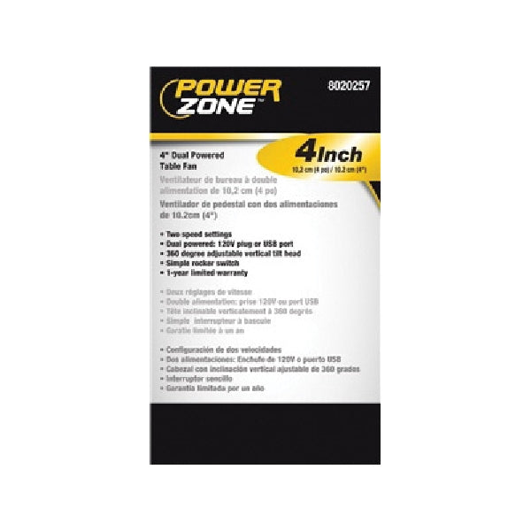 PowerZone QT-U403B Tabletop Fan, 5 VDC, 4 in Dia Blade, 5-Blade, 2-Speed, 48 in L Cord, White/Blue OR White/Red