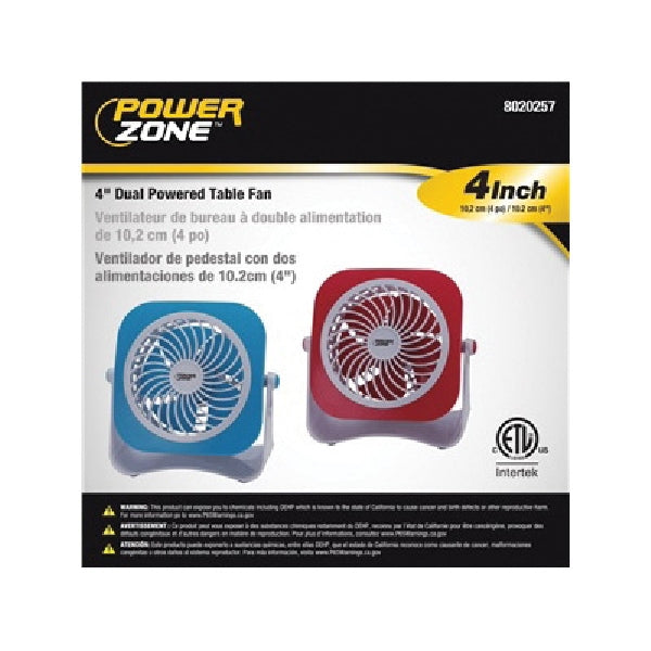 PowerZone QT-U403B Tabletop Fan, 5 VDC, 4 in Dia Blade, 5-Blade, 2-Speed, 48 in L Cord, White/Blue OR White/Red