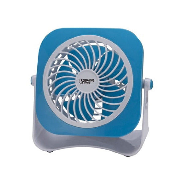 PowerZone QT-U403B Tabletop Fan, 5 VDC, 4 in Dia Blade, 5-Blade, 2-Speed, 48 in L Cord, White/Blue OR White/Red