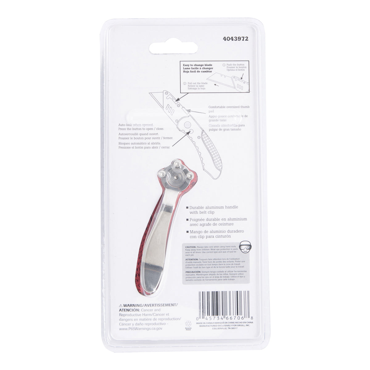 Vulcan KL007 Utility Knife, 2-3/8 in L Blade, 3/4 in W Blade, Steel Blade, 1-Blade, Red Handle