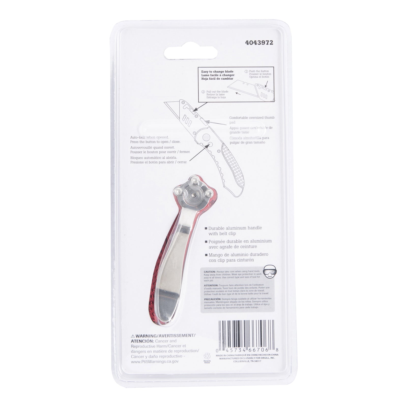 Vulcan KL007 Utility Knife, 2-3/8 in L Blade, 3/4 in W Blade, Steel Blade, 1-Blade, Red Handle