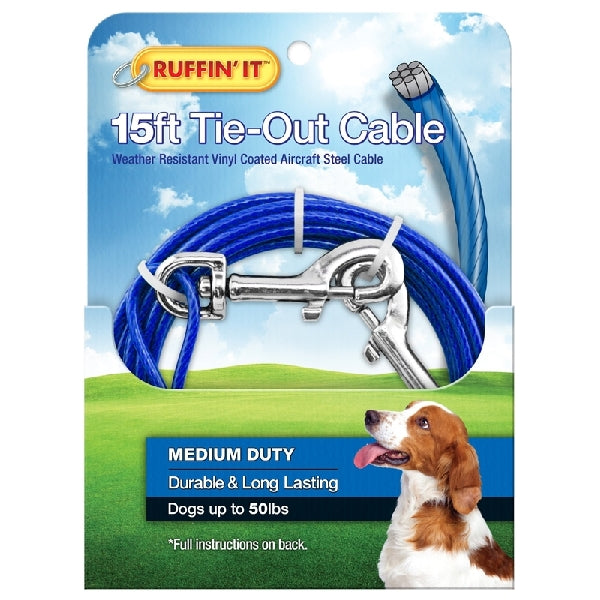 RUFFIN&#39;IT 29115 Cable Tie-Out, Medium-Duty, Swivel Snap End, 15 ft L Belt/Cable, Steel, Blue