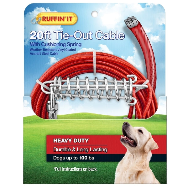 RUFFIN&#39;IT 29220 Cable Tie-Out with Cushioning Spring, Heavy-Duty, Swivel Snap End, 20 ft L Belt/Cable, Steel, Red