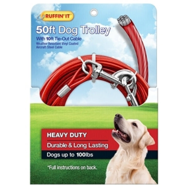 RUFFIN&#39;IT 29450 Tie-Out Cable with Dog Trolley, Swivel Snap End, 10 ft L Belt/Cable, Steel, Red