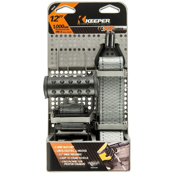 KEEPER Diamond Series 45545 Tie-Down, 1-1/2 in W, 12 ft L, Gray, 1000 lb Working Load, J-Hook End