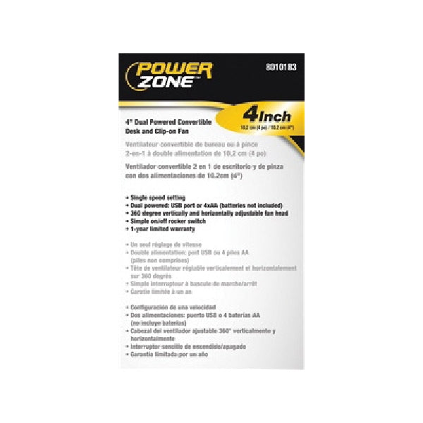 PowerZone QT-U409-D Desk and Clip-On Fan, 5 VDC, 4 in Dia Blade, 3-Blade, 1-Speed, 48 in L Cord