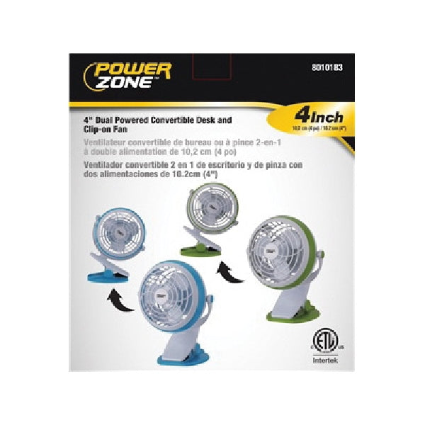 PowerZone QT-U409-D Desk and Clip-On Fan, 5 VDC, 4 in Dia Blade, 3-Blade, 1-Speed, 48 in L Cord