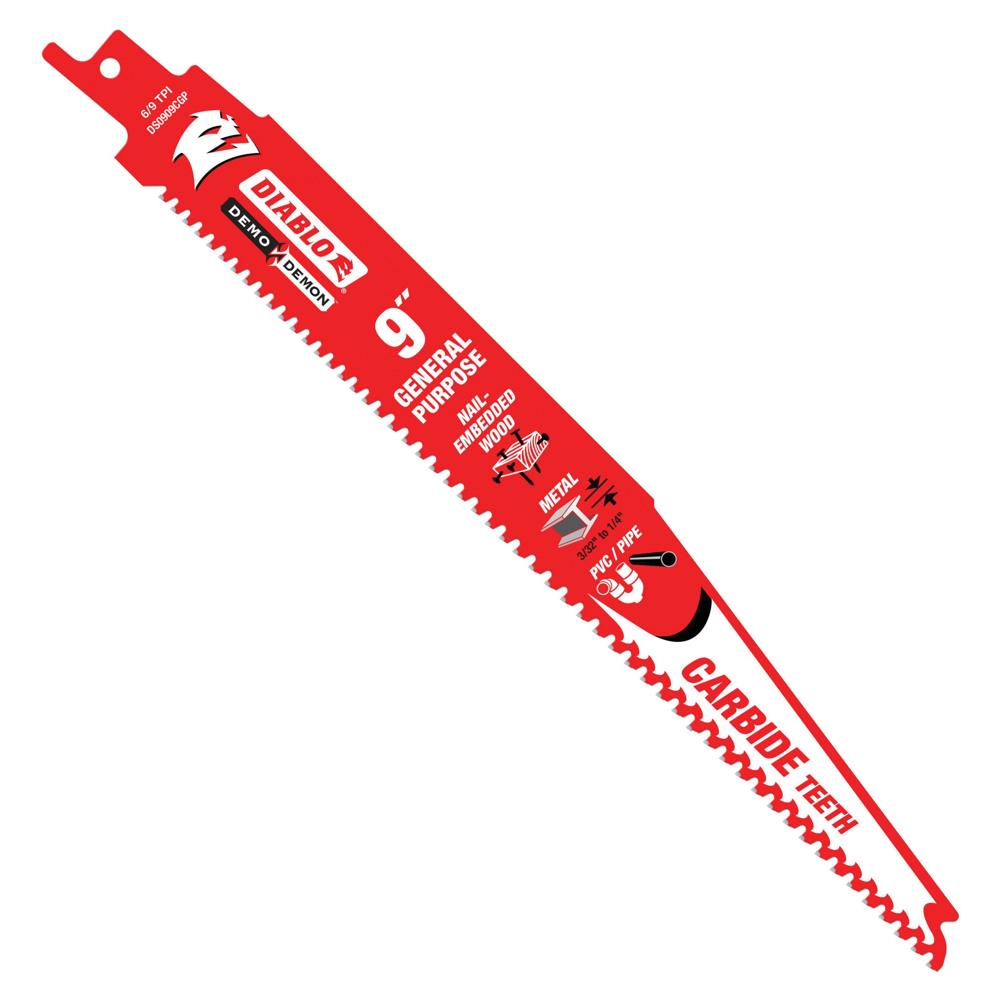 Diablo DS0909CGP Reciprocating Saw Blade, 9 in L, 6/9 TPI, Carbide Cutting Edge
